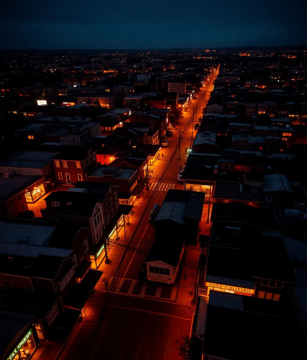 Aerial view of a neighborhood street grid at dusk with storefront lights glowing